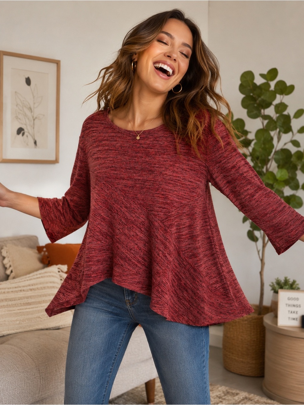 LINKS Women’s  Maroon Heathered 3/4 sleeve blouse asymmetrical hemline Large
